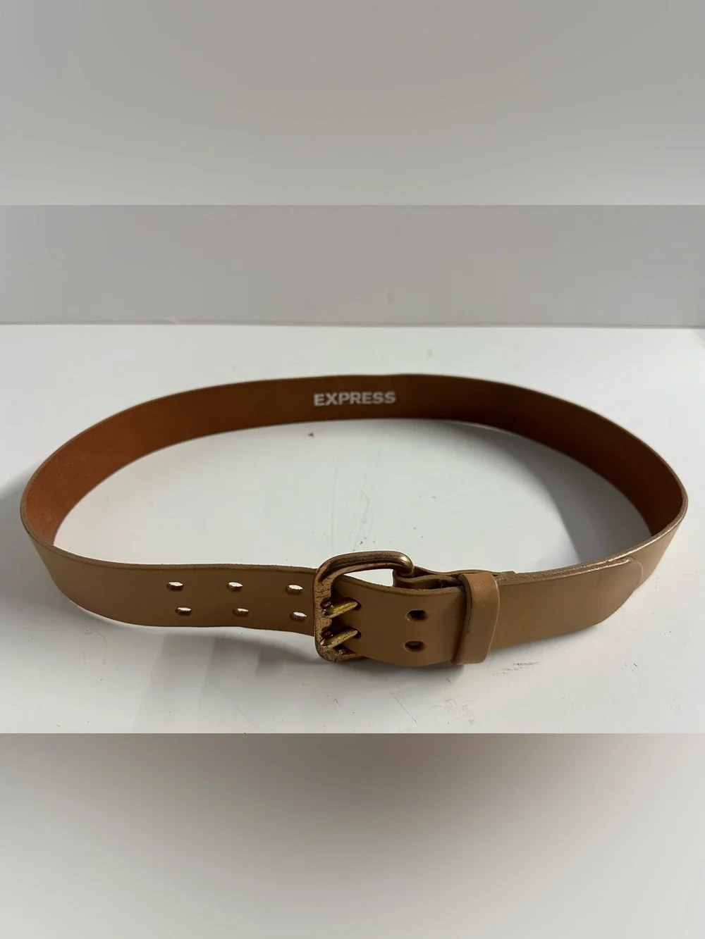 Express Tan Leather Belt with Gold-Tone Buckle